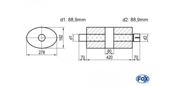 FOX Uni-Silencer oval with chamber + Nozzle - Abw. 754 278x192mm, d1Ø 88,9mm (outside), d2Ø 88,9mm (inner), length: 420mm