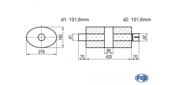 FOX Uni-Silencer oval with chamber + Nozzle - Abw. 754 278x192mm, d1Ø 101,6mm (outside), d2Ø 101,6mm (inner), length: 420mm