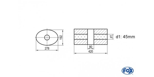 FOX Uni-Schalldämpfer oval ohne Stutzen mit Kammer - Abw. 754 278x192mm, d1Ø 45mm, Länge: 420mm