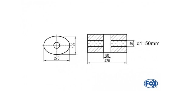 FOX Uni-Schalldämpfer oval ohne Stutzen mit Kammer - Abw. 754 278x192mm, d1Ø 50mm, Länge: 420mm