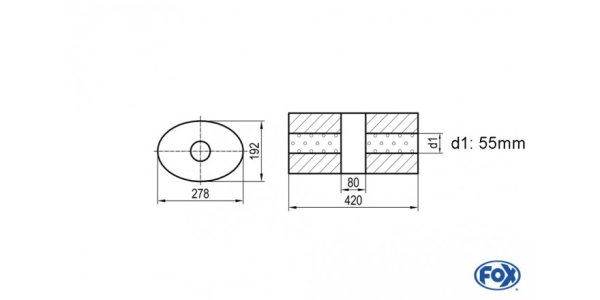 FOX Uni-Schalldämpfer oval ohne Stutzen mit Kammer - Abw. 754 278x192mm, d1Ø 55mm, Länge: 420mm