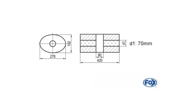 FOX Uni-Schalldämpfer oval ohne Stutzen mit Kammer - Abw. 754 278x192mm, d1Ø 70mm, Länge: 420mm