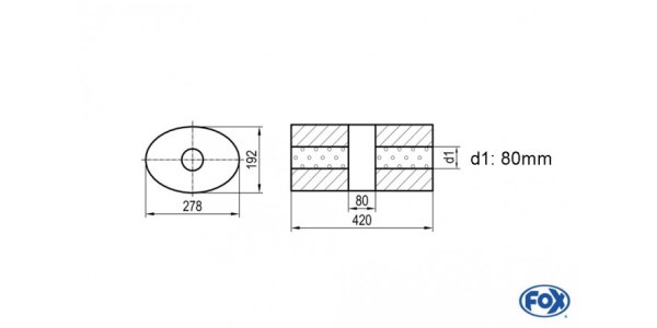 FOX Uni-Schalldämpfer oval ohne Stutzen mit Kammer - Abw. 754 278x192mm, d1Ø 80mm, Länge: 420mm