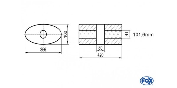 FOX Uni-Schalldämpfer oval ohne Stutzen mit Kammer - Abw. 818 356x160mm, d1Ø 101,6mm, Länge: 420mm