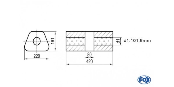 FOX Uni-Schalldämpfer trapez ohne Stutzen mit Kammer - Abw. 644 220x161mm, d1Ø 101,6mm, Länge: 420mm