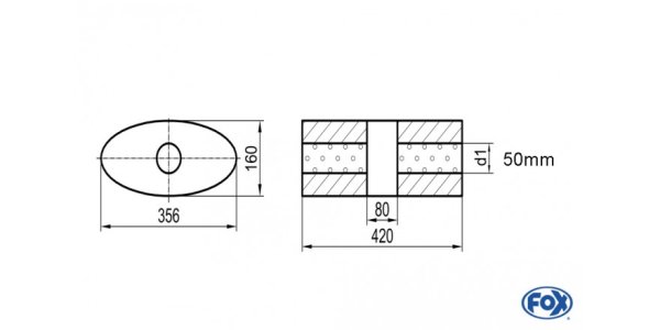 FOX Uni-Schalldämpfer oval ohne Stutzen mit Kammer - Abw. 818 356x160mm, d1Ø 50mm, Länge: 420mm