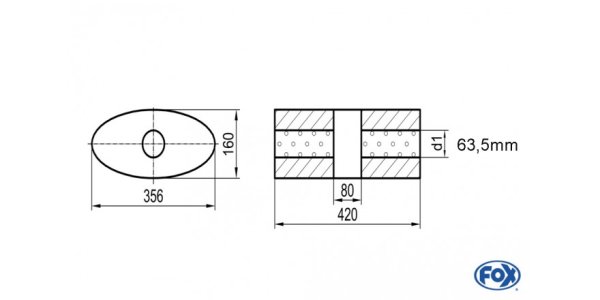 FOX Uni-Schalldämpfer oval ohne Stutzen mit Kammer - Abw. 818 356x160mm, d1Ø 63,5mm, Länge: 420mm