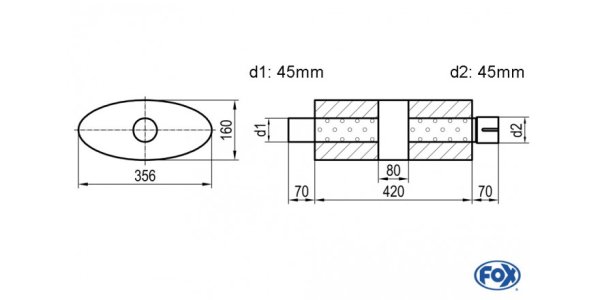 FOX Uni-Schalldämpfer oval mit Kammer + Stutzen - Abw. 818 356x160mm, d1Ø 45mm (außen), d2Ø 45mm (innen), Länge: 420mm