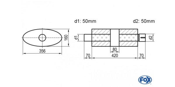 FOX Uni-Schalldämpfer oval mit Kammer + Stutzen - Abw. 818 356x160mm, d1Ø 50mm (außen), d2Ø 50mm (innen), Länge: 420mm