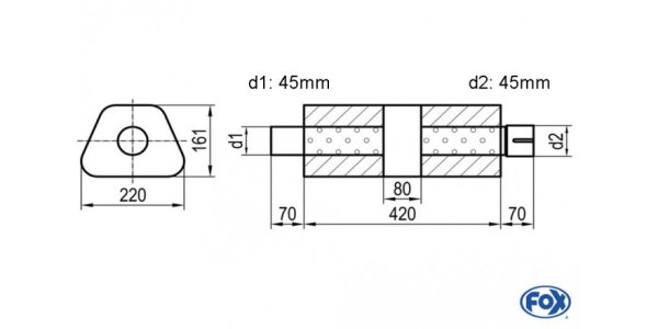 FOX Uni-Silencer trapez with chamber + Nozzle - Abw. 644 220x161mm, d1Ø 45mm (outside), d2Ø 45mm (inner), length: 420mm