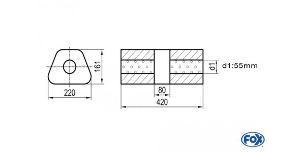 FOX Uni-Schalldämpfer trapez ohne Stutzen mit Kammer - Abw. 644 220x161mm, d1Ø 55mm, Länge: 420mm