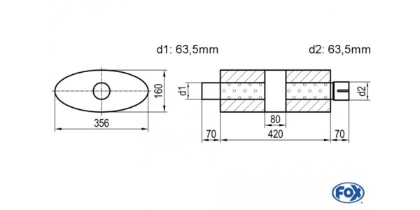 FOX Uni-Schalldämpfer oval mit Kammer + Stutzen - Abw. 818 356x160mm, d1Ø 63,5mm (außen), d2Ø 63,5mm (innen), Länge: 420mm