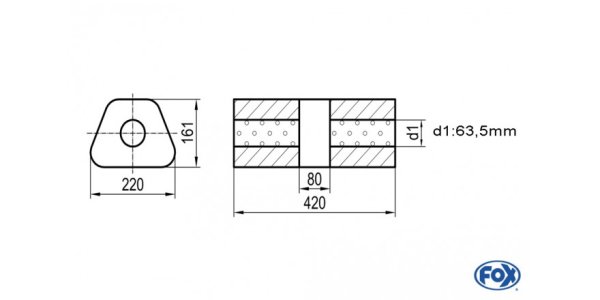 FOX Uni-Schalldämpfer trapez ohne Stutzen mit Kammer - Abw. 644 220x161mm, d1Ø 63,5mm, Länge: 420mm