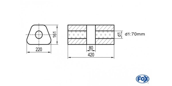 FOX Uni-Schalldämpfer trapez ohne Stutzen mit Kammer - Abw. 644 220x161mm, d1Ø 70mm, Länge: 420mm