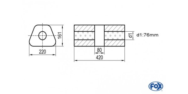 FOX Uni-Schalldämpfer trapez ohne Stutzen mit Kammer - Abw. 644 220x161mm, d1Ø 76mm, Länge: 420mm