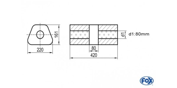 FOX Uni-Schalldämpfer trapez ohne Stutzen mit Kammer - Abw. 644 220x161mm, d1Ø 80mm, Länge: 420mm