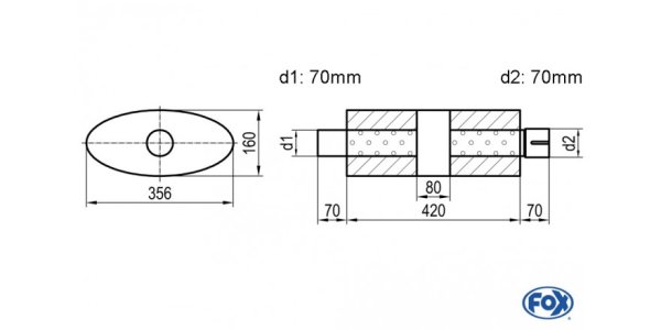 FOX Uni-Schalldämpfer oval mit Kammer + Stutzen - Abw. 818 356x160mm, d1Ø 70mm (außen), d2Ø 70mm (innen), Länge: 420mm