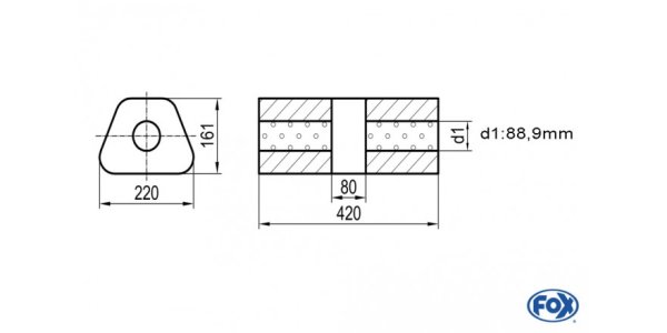 FOX Uni-Silencer trapez w/o Nozzle with chamber - Abw. 644 220x161mm, d1Ø 88,9mm, length: 420mm