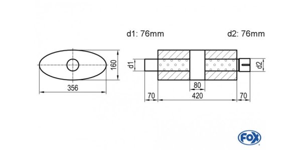 FOX Uni-Schalldämpfer oval mit Kammer + Stutzen - Abw. 818 356x160mm, d1Ø 76mm (außen), d2Ø 76mm (innen), Länge: 420mm