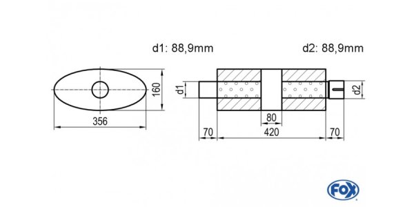 FOX Uni-Schalldämpfer oval mit Kammer + Stutzen - Abw. 818 356x160mm, d1Ø 88,9mm (außen), d2Ø 88,9mm (innen), Länge: 420mm