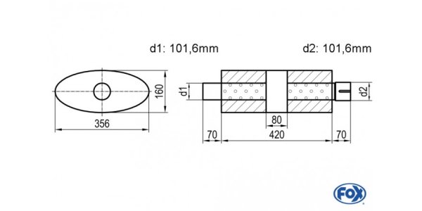 FOX Uni-Schalldämpfer oval mit Kammer + Stutzen - Abw. 818 356x160mm, d1Ø 101,6mm (außen), d2Ø 101,6mm (innen), Länge: 420mm