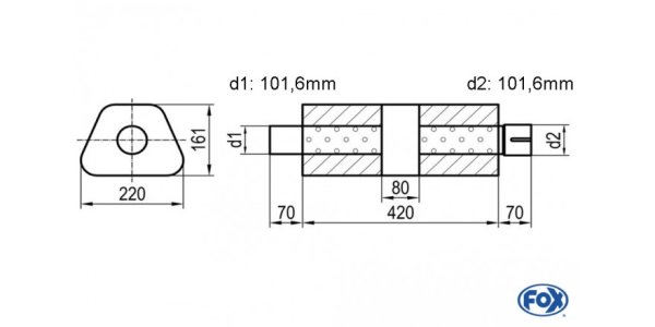 FOX Uni-Schalldämpfer trapez mit Kammer + Stutzen - Abw. 644 220x161mm, d1Ø 101,6mm (außen), d2Ø 101,6mm (innen), Länge: 420mm