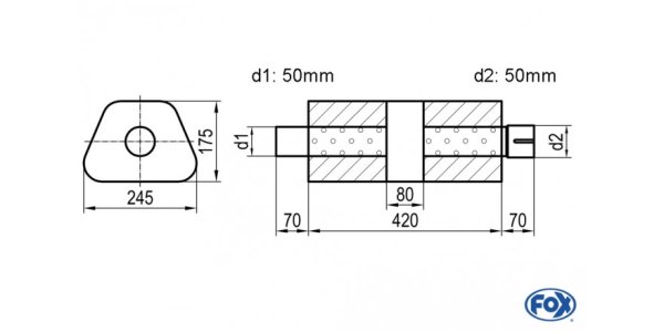 FOX Uni-Silencer trapez with chamber + Nozzle - Abw. 711 245x175mm, d1Ø 50mm (outside), d2Ø 50mm (inner), length: 420mm