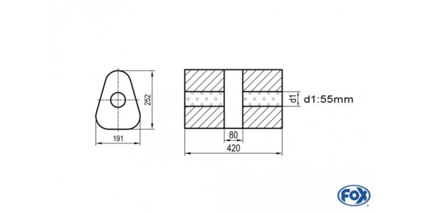 FOX Uni-Silencer triangle w/o Nozzle with chamber - Abw. 725 191x252mm, d1Ø 55mm, length: 420mm