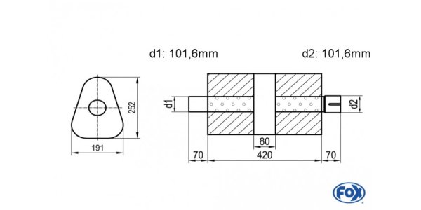 FOX Uni-Schalldämpfer dreieck mit Kammer + Stutzen - Abw. 725 191x252mm, d1Ø 101,6mm (außen), d2Ø 101,6mm (innen), Länge: 420mm