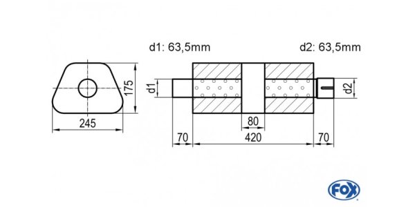 FOX Uni-Schalldämpfer trapez mit Kammer + Stutzen - Abw. 711 245x175mm, d1Ø 63,5mm (außen), d2Ø 63,5mm (innen), Länge: 420mm