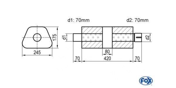 FOX Uni-Silencer trapez with chamber + Nozzle - Abw. 711 245x175mm, d1Ø 70mm (outside), d2Ø 70mm (inner), length: 420mm