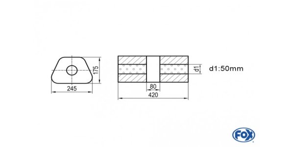 FOX Uni-Silencer trapez w/o Nozzle with chamber - Abw. 711 245x175mm, d1Ø 50mm, length: 420mm