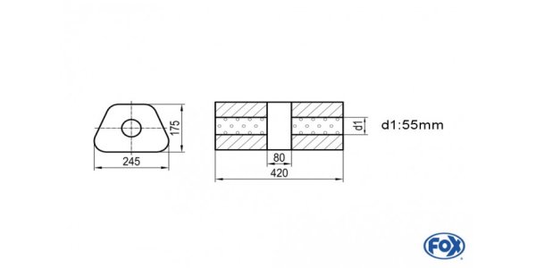 FOX Uni-Silencer trapez w/o Nozzle with chamber - Abw. 711 245x175mm, d1Ø 55mm, length: 420mm