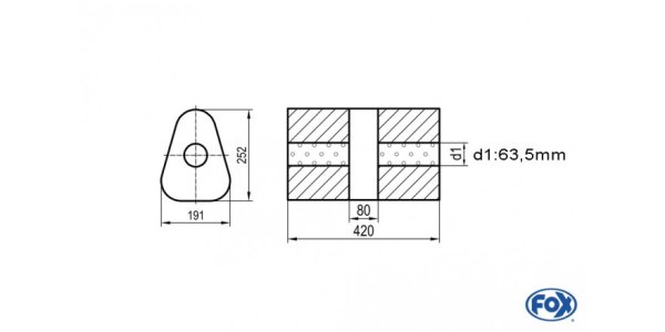 FOX Uni-Schalldämpfer dreieck ohne Stutzen mit Kammer - Abw. 725 191x252mm, d1Ø 63,5mm, Länge: 420mm