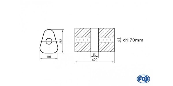 FOX Uni-Schalldämpfer dreieck ohne Stutzen mit Kammer - Abw. 725 191x252mm, d1Ø 70mm, Länge: 420mm