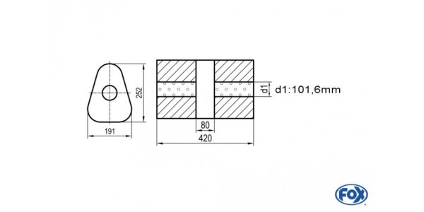 FOX Uni-Silencer triangle w/o Nozzle with chamber - Abw. 725 191x252mm, d1Ø 101,6mm, length: 420mm