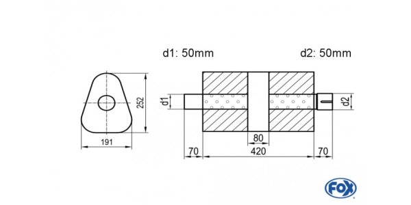 FOX Uni-Silencer triangle with chamber + Nozzle - Abw. 725 191x252mm, d1Ø 50mm (outside), d2Ø 50mm (inner), length: 420mm