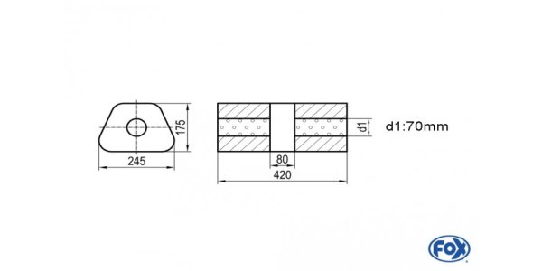 FOX Uni-Schalldämpfer trapez ohne Stutzen mit Kammer - Abw. 711 245x175mm, d1Ø 70mm, Länge: 420mm