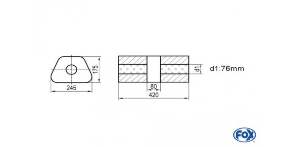 FOX Uni-Schalldämpfer trapez ohne Stutzen mit Kammer - Abw. 711 245x175mm, d1Ø 76mm, Länge: 420mm