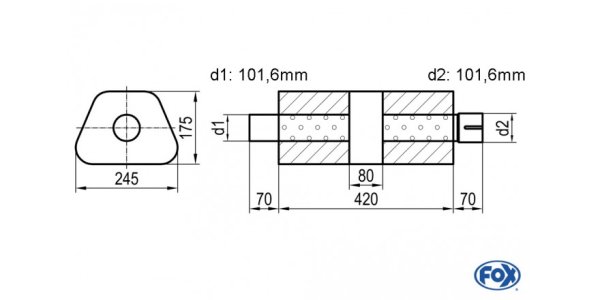 FOX Uni-Schalldämpfer trapez mit Kammer + Stutzen - Abw. 711 245x175mm, d1Ø 101,6mm (außen), d2Ø 101,6mm (innen), Länge: 420mm