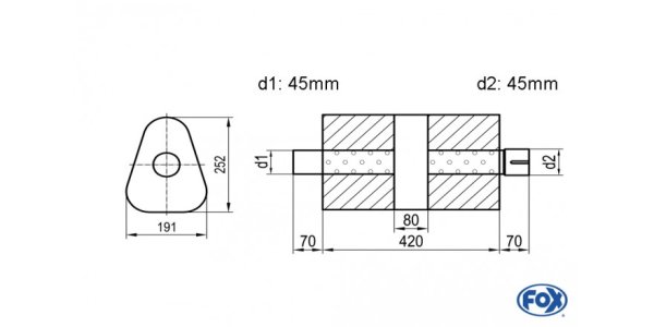 FOX Uni-Silencer triangle with chamber + Nozzle - Abw. 725 191x252mm, d1Ø 45mm (outside), d2Ø 45mm (inner), length: 420mm