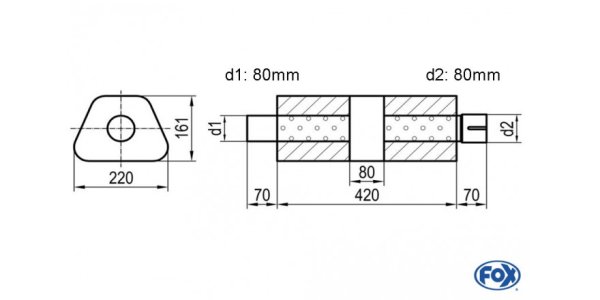 FOX Uni-Schalldämpfer trapez mit Kammer + Stutzen - Abw. 644 220x161mm, d1Ø 80mm (außen), d2Ø 80mm (innen), Länge: 420mm