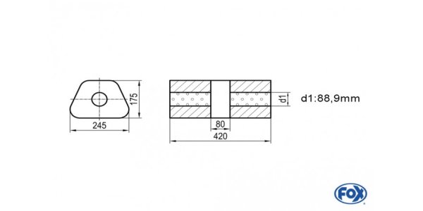 FOX Uni-Silencer trapez w/o Nozzle with chamber - Abw. 711 245x175mm, d1Ø 88,9mm, length: 420mm