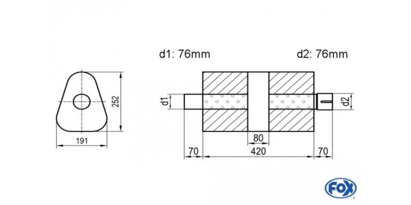 FOX Uni-Silencer triangle with chamber + Nozzle - Abw. 725 191x252mm, d1Ø 76mm (outside), d2Ø 76mm (inner), length: 420mm