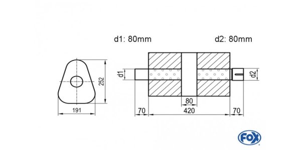 FOX Uni-Silencer triangle with chamber + Nozzle - Abw. 725 191x252mm, d1Ø 80mm (outside), d2Ø 80mm (inner), length: 420mm