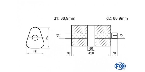 FOX Uni-Silencer triangle with chamber + Nozzle - Abw. 725 191x252mm, d1Ø 88,9mm (outside), d2Ø 88,9mm (inner), length: 420mm