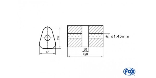 FOX Uni-Silencer triangle w/o Nozzle with chamber - Abw. 725 191x252mm, d1Ø 45mm, length: 420mm