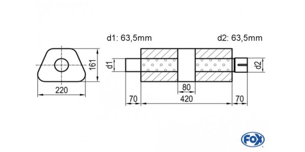 FOX Uni-Schalldämpfer trapez mit Kammer + Stutzen - Abw. 644 220x161mm, d1Ø 63,5mm (außen), d2Ø 63,5mm (innen), Länge: 420mm