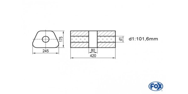 FOX Uni-Schalldämpfer trapez ohne Stutzen mit Kammer - Abw. 711 245x175mm, d1Ø 101,6mm, Länge: 420mm