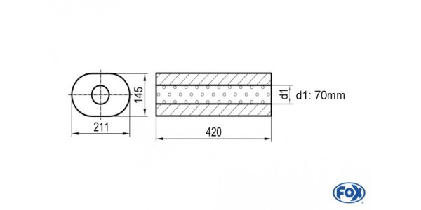 FOX Uni-Schalldämpfer oval ohne Stutzen - Abwicklung 585 211x145mm, d1Ø 70mm, Länge: 420mm